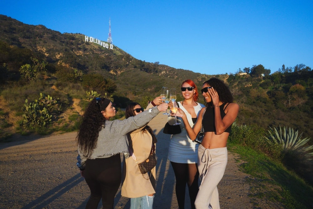 Private Hollywood tour guests toasting near Hollywood Hills