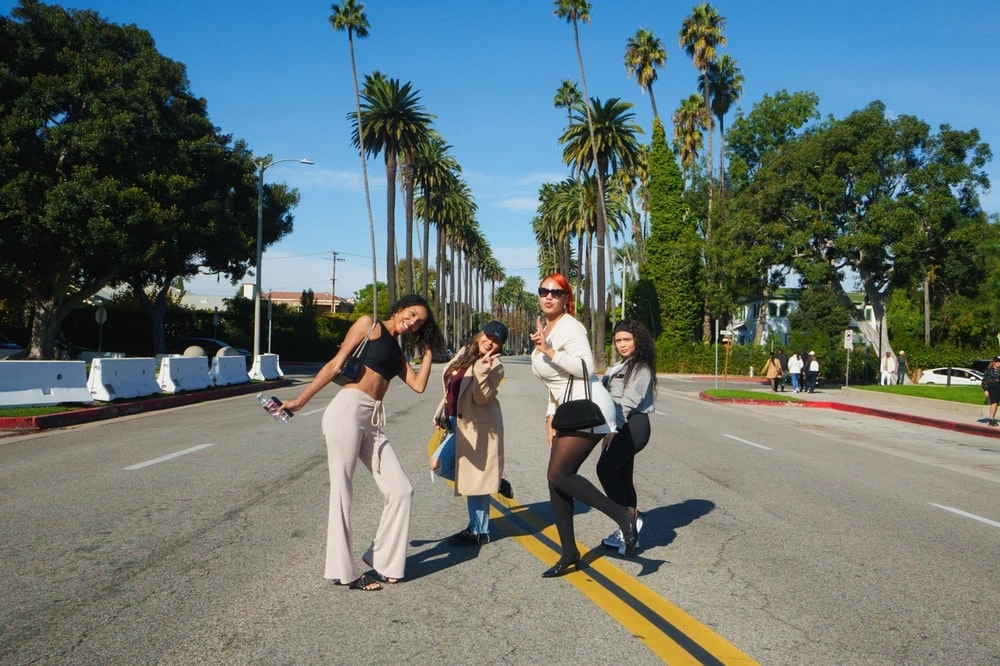 Private SUV tour driving through palm-lined Beverly Hills street
